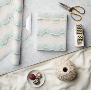 Papier Cadeau Crème de Menthe Aquatique Sable Océan Plage Rayure
