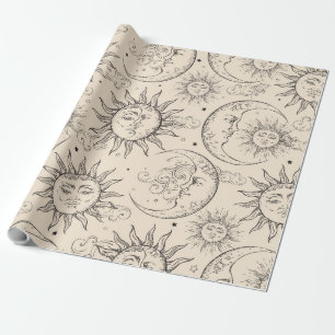 Papier Cadeau Crème d'Ivoire Magie Vintage Soleil Lune Étoiles