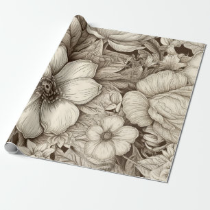 Papier Cadeau Crème élégante et brun floral avec profondeur