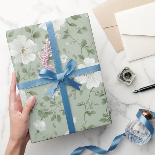 Papier Cadeau Crème Fleur Motif Floral Vert Doux (Cadeaux)