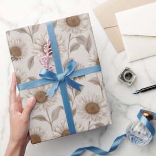 Papier Cadeau Crème Fleurie Motif Tournesol Neutre Doux