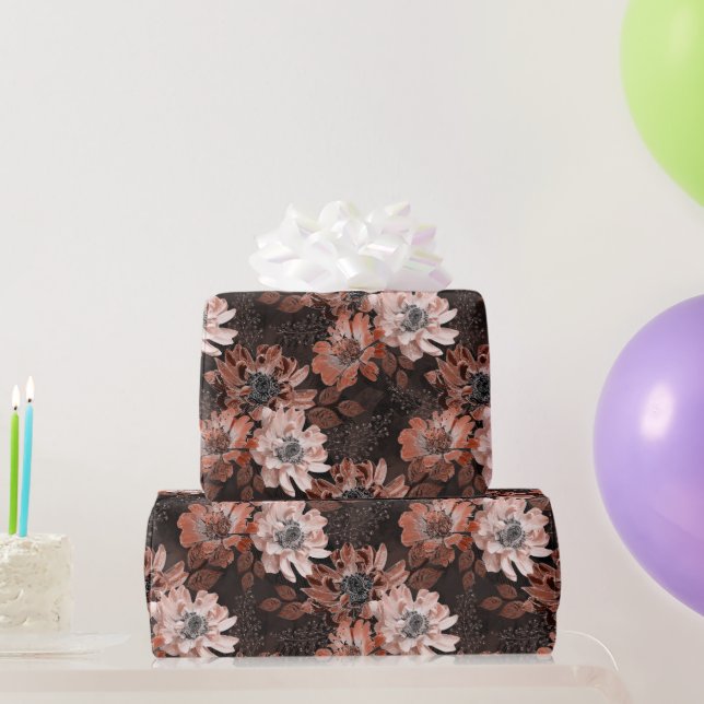 Papier Cadeau Crème, fleurs en terre cuite sur un brun foncé (Cadeaux de fête)