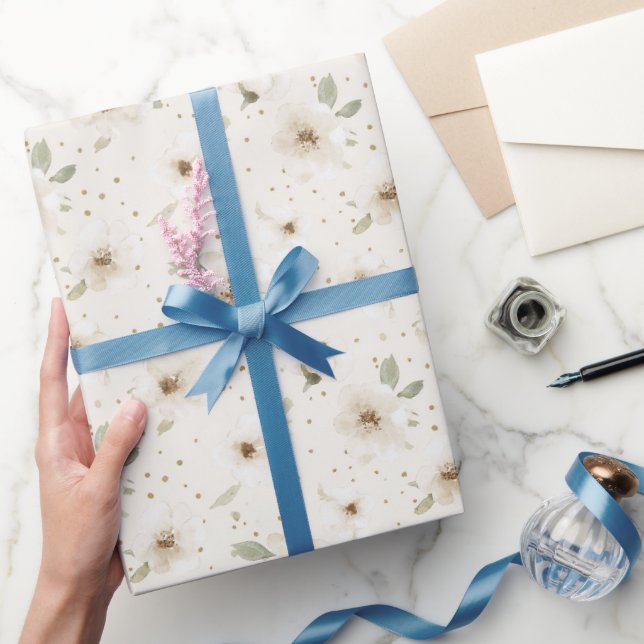 Papier Cadeau Crème Fleurs Marron Cacao Anniversaire (Cadeaux)