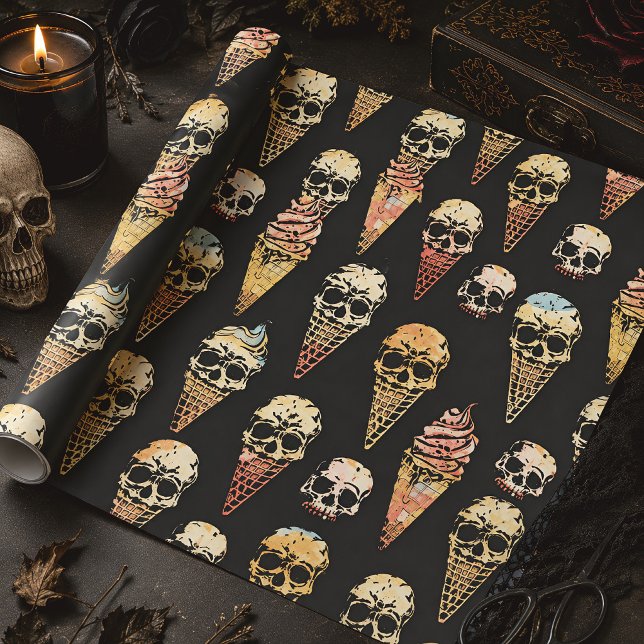 Papier Cadeau Crème Glacée Crâne Rétro Gothique Halloween (Créateur téléchargé)