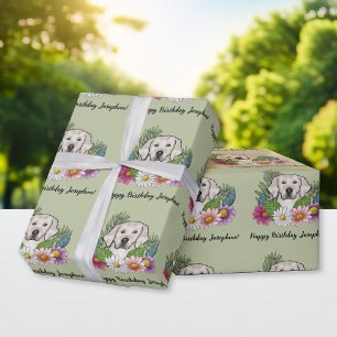 Papier Cadeau Crème Golden Retriever Floral Joyeux Anniversaire