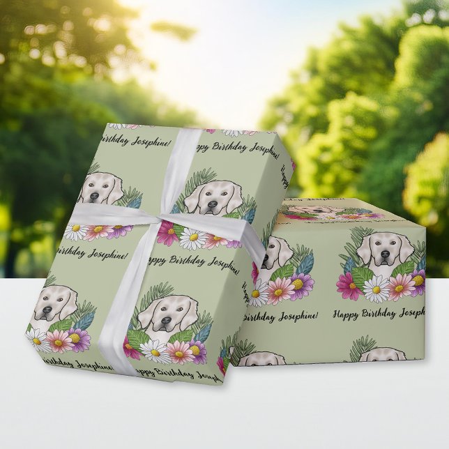 Papier Cadeau Crème Golden Retriever Floral Joyeux Anniversaire  (Créateur téléchargé)