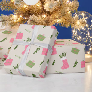 Papier Cadeau Crème Motif Pink Green Cadeau de Noël