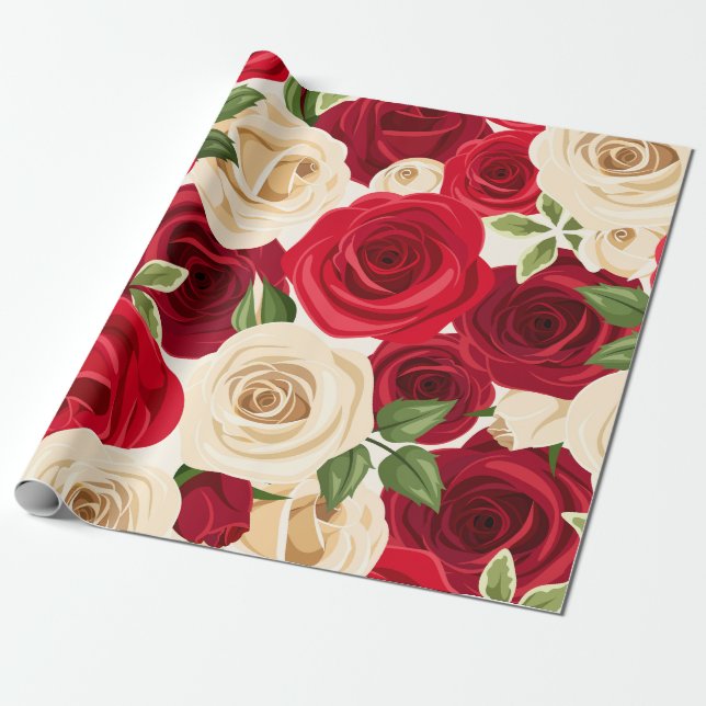 Papier Cadeau Crème rouge ivoire Crimson Roses Enveloppement pap (Déroulé)