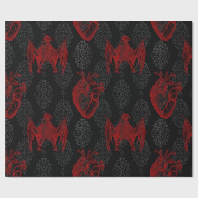 Papier Cadeau Crimson & Coeurs noirs et chauves-souris (Plat)