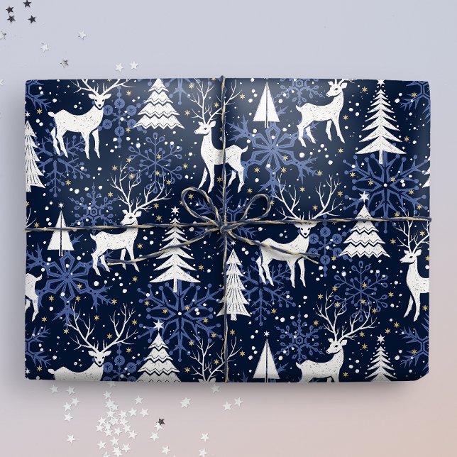 Papier Cadeau Cristal de glace Noël Cerf Cobalt bleu (Créateur téléchargé)