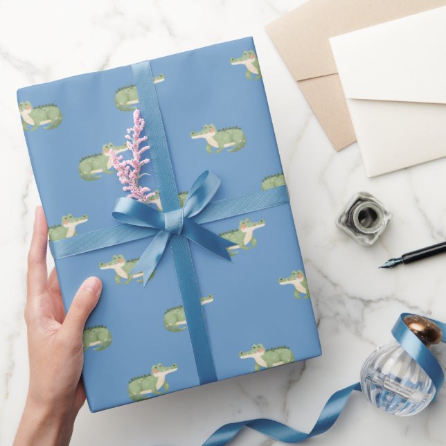 Papier Cadeau Crocodiles à l'aquarelle sur fond bleu (Cadeaux)
