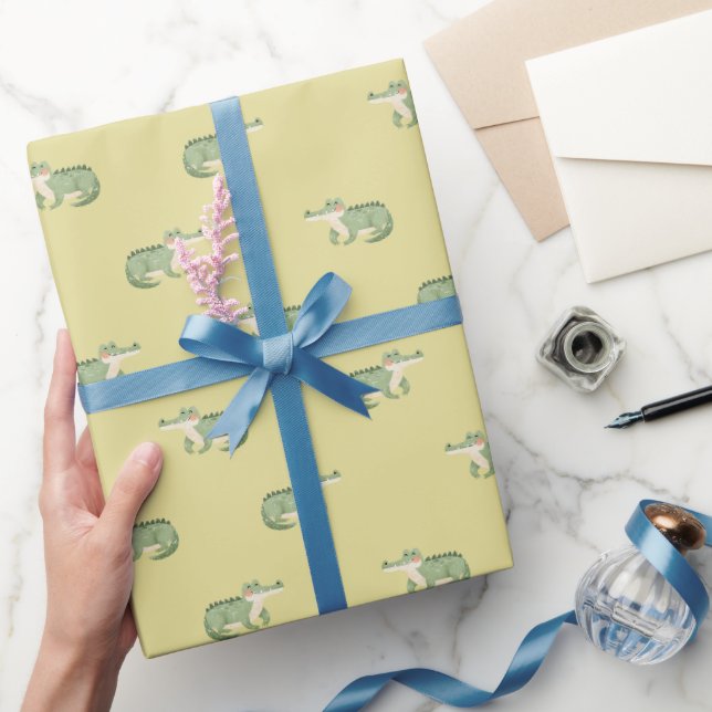Papier Cadeau Crocodiles à l'aquarelle sur fond jaune clair (Cadeaux)