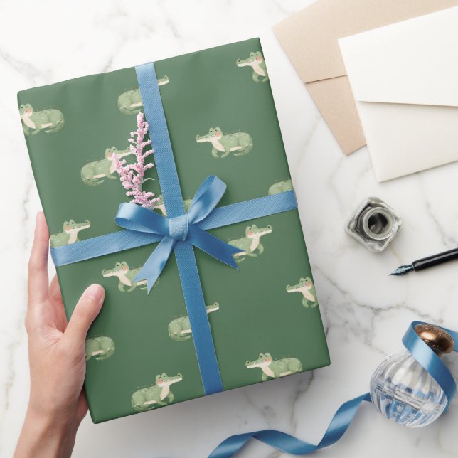 Papier Cadeau Crocodiles à l'aquarelle sur fond vert (Cadeaux)