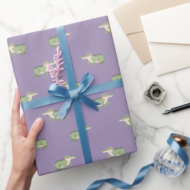 Papier Cadeau Crocodiles à l'aquarelle sur fond violet clair (Cadeaux)