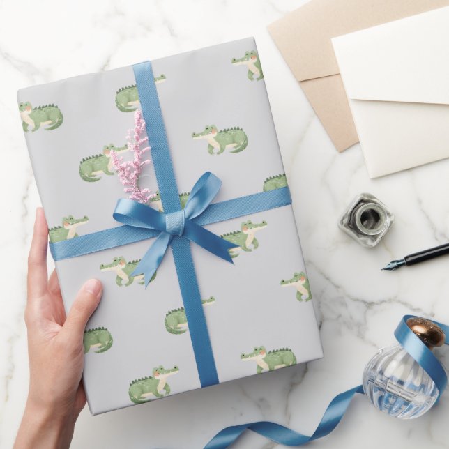 Papier Cadeau Crocodiles à l'aquarelle sur gris clair (Cadeaux)