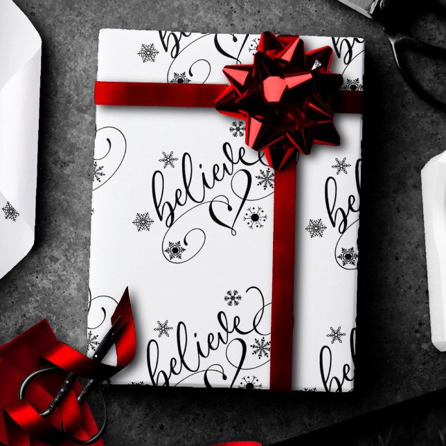 Papier Cadeau Croire le script | Flore de flocons de neige de va (Créateur téléchargé)