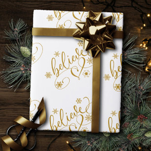 Papier Cadeau Croire le script   Gold Holiday Flore de flocon de