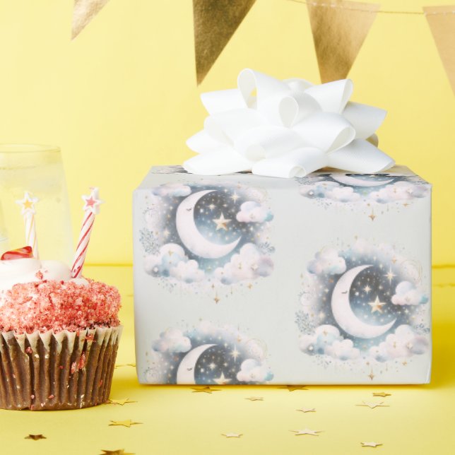 Papier Cadeau Croissant de Lune Céleste Bleu et Blanc Bohème Mod (Fête d'anniversaire)