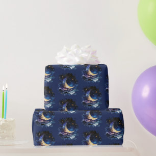 Papier Cadeau Croissant de Lune Étoiles Céleste Bleu Halloween