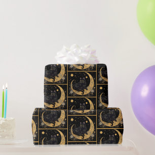 Papier Cadeau Croissant de Lune Floral Chat Noir Or Halloween