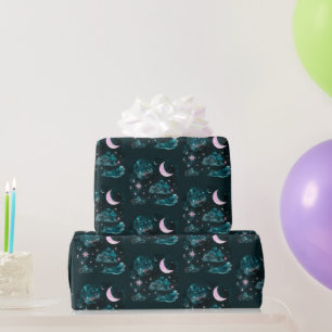 Papier Cadeau Croissant de lune rose étoiles célestes bleu Hallo