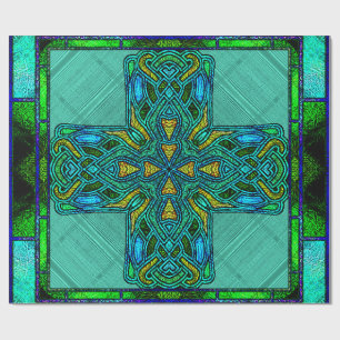 Papier Cadeau Croix celtique en verre coloré en or et vert