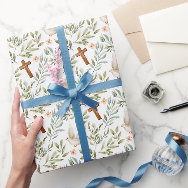 Papier Cadeau Croix Chrétienne Colombe Florale (Cadeaux)