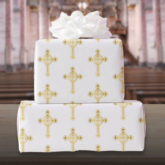 Papier Cadeau Croix chrétienne en or Baptême Christening Communi (Christian Gold Cross Baptism Christening Communion Wrapping Paper)