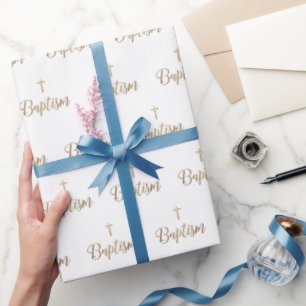 Papier Cadeau Croix d'or Baptême Répéter motif Christian