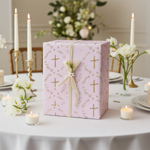 Papier Cadeau Croix dorée religieuse personnalisée sur Rose Brum