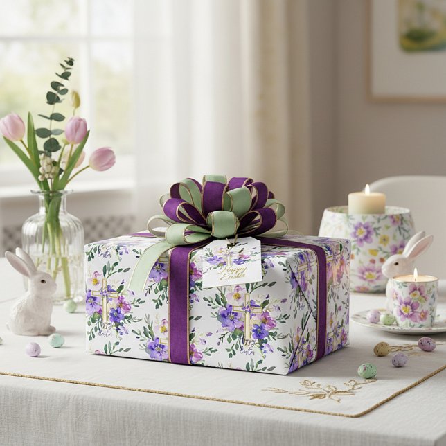 Papier Cadeau Croix florale rose et violet coutume Pâques (Créateur téléchargé)