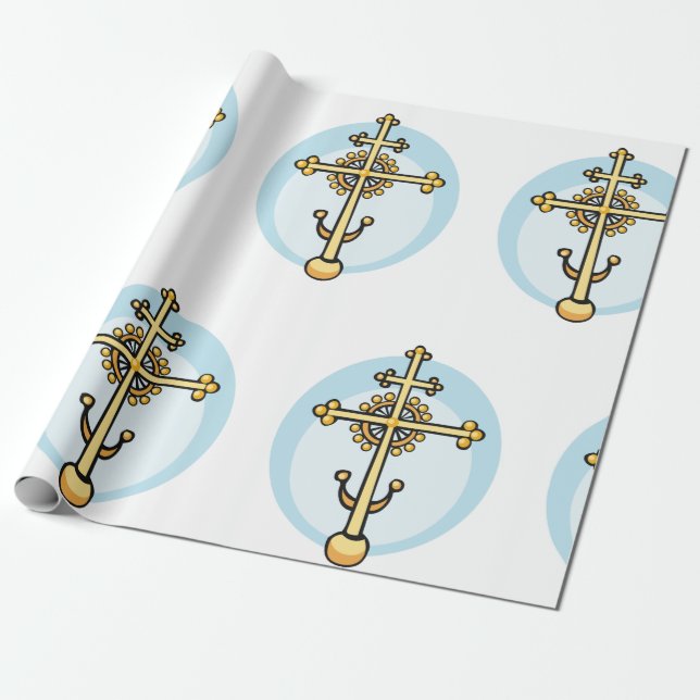 Papier Cadeau Croix Orthodoxe Dorée Symbole Religieux (Déroulé)