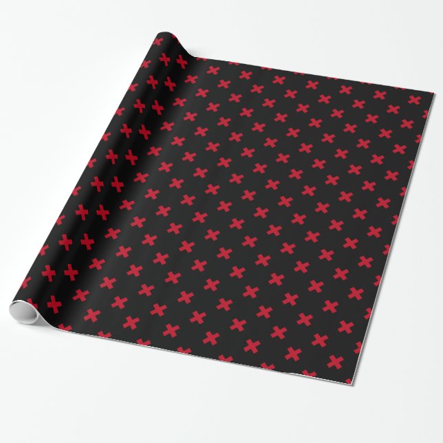 Papier Cadeau Croix rouge coutures sur noir (Déroulé)