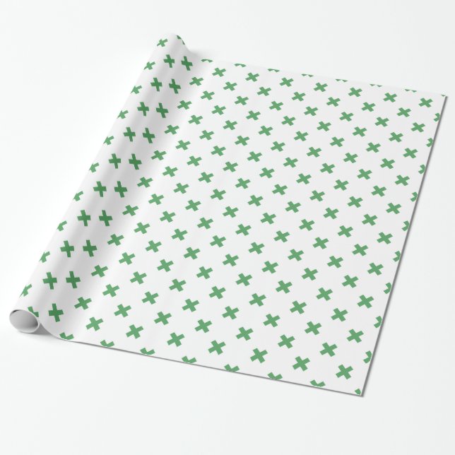 Papier Cadeau Croix verte coutures sur blanc (Déroulé)