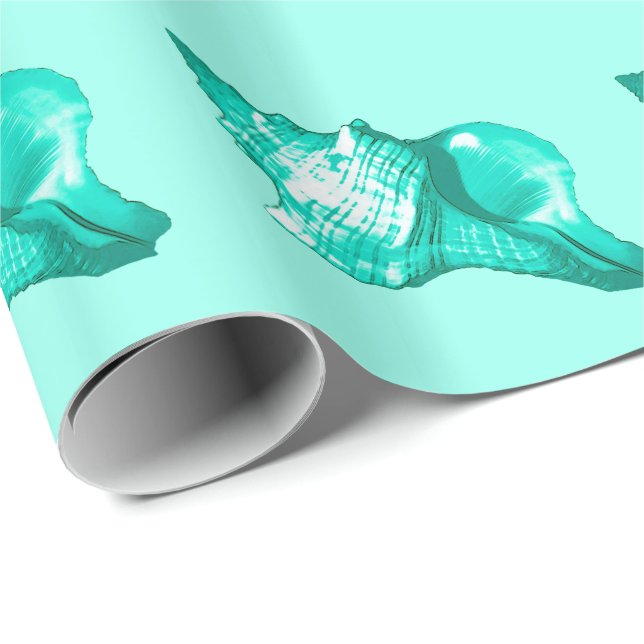 Papier Cadeau Croquis de conque - turquoise, blanc et aqua (Coin rond)