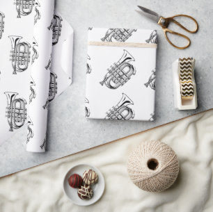Papier Cadeau Croquis d'instrument de musique Trompette noir et 
