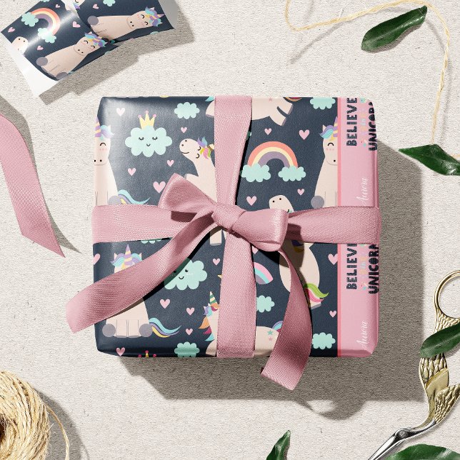 Papier Cadeau Croyez en Unicorns Bleu et Rose fille Motif enfant (Créateur téléchargé)