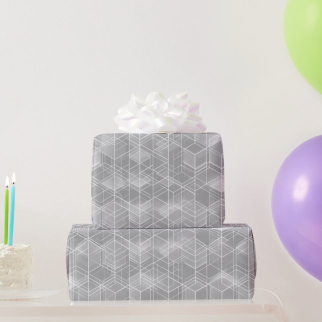 Papier Cadeau Cube Géométrique Motif Abstrait Gris Argent (Cadeaux de fête)