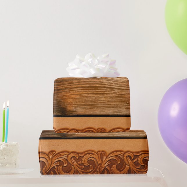 Papier Cadeau Cuir de style western naturel travaillé Bois foncé (Cadeaux de fête)