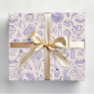 Papier Cadeau Cuisine italienne et fleurs de cuisine dessinées à