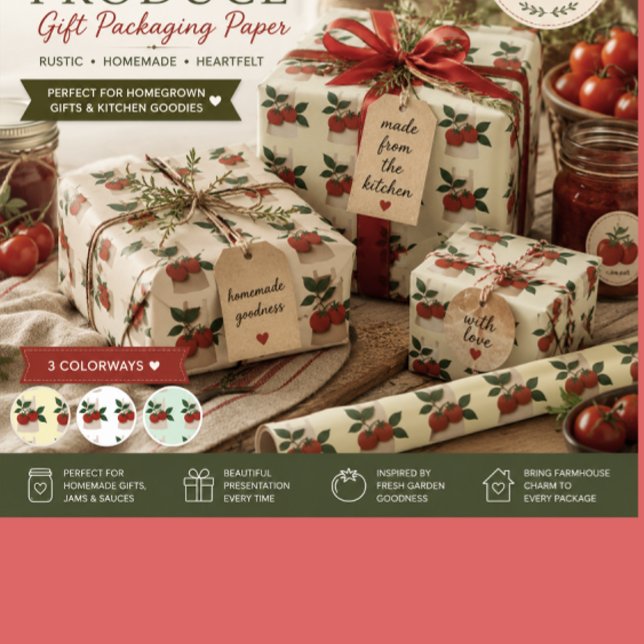 Papier Cadeau Cuisine Jardin de Tomates (Gift wrapping paper for canning produce and gifting to friends and family or housewarming gifts)
