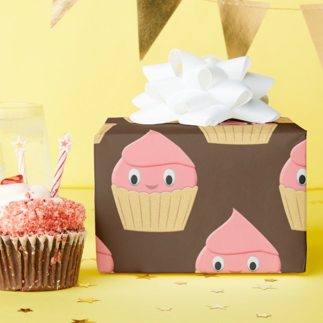 Papier Cadeau Cuite Cartoon Fraise Cupcake Brown (Fête d'anniversaire)