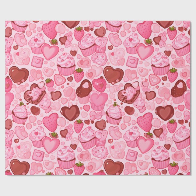 Papier Cadeau Cupcake au cœur de fraise Saint-Valentin sans cout (Plat)