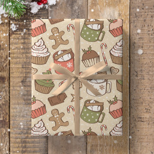 Papier Cadeau Cupcake de cacao chaud vintage de Noël traditionne