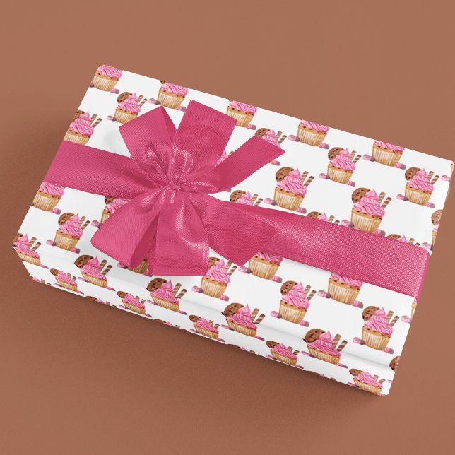 Papier Cadeau Cupcake Rose Aquarelle Avec Motif Chocolat (Créateur téléchargé)