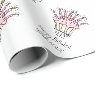 Papier Cadeau cupcake rose personnalisé avec dessin de bougies d