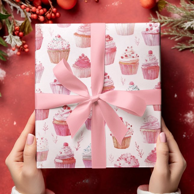Papier Cadeau Cupcakes de Noël rose envelopper du papier (Créateur téléchargé)