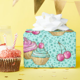 Papier Cadeau Cupcakes rose et bleu brillant Turquoise Anniversa