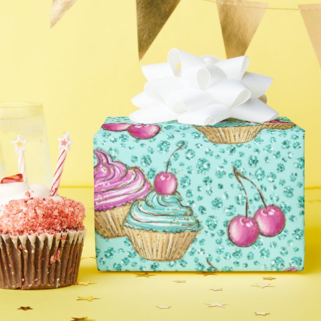 Papier Cadeau Cupcakes rose et bleu brillant Turquoise Anniversa (Fête d'anniversaire)