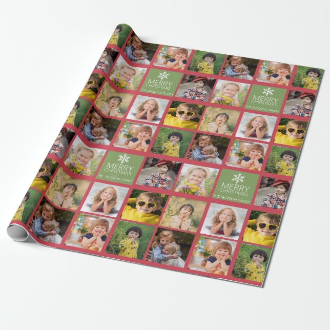 Papier Cadeau Custom 8 Photo Noël Collage Rouge Vert (Déroulé)